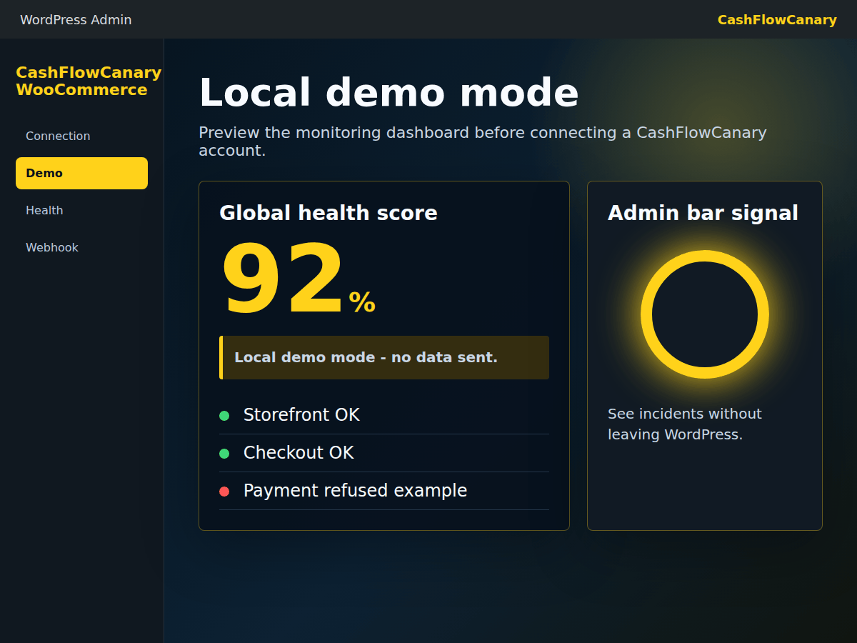 Screenshot du mode démo local CashFlowCanary dans WordPress