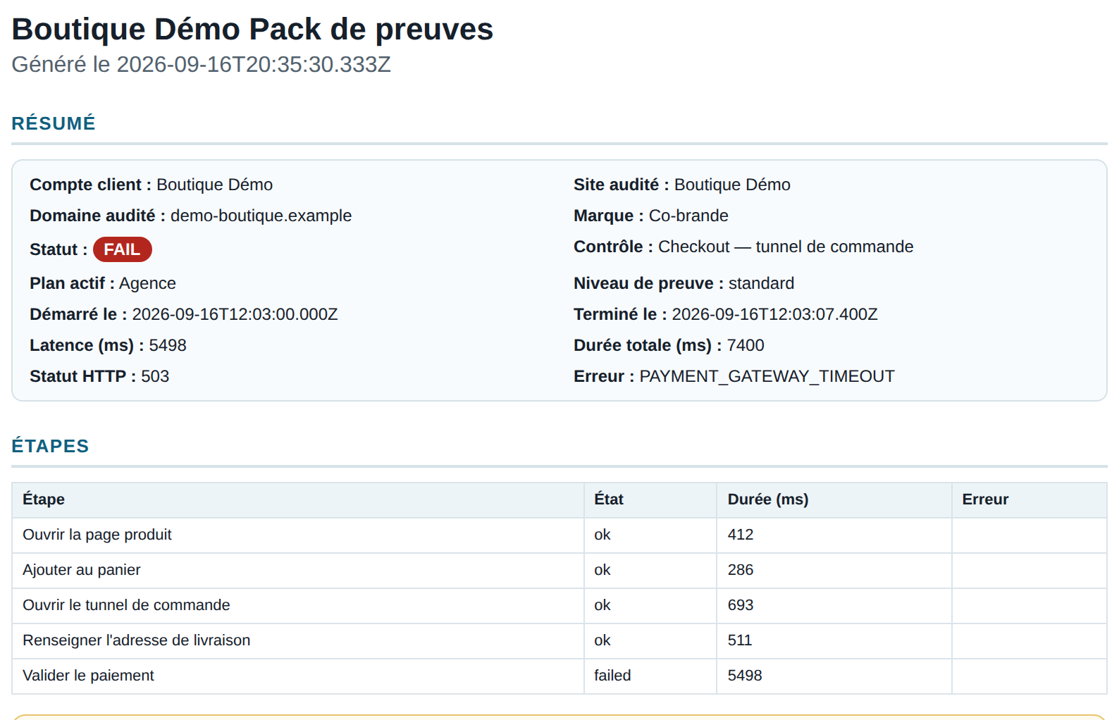 Aperçu d'un rapport PDF CashFlowCanary avec incident et preuve